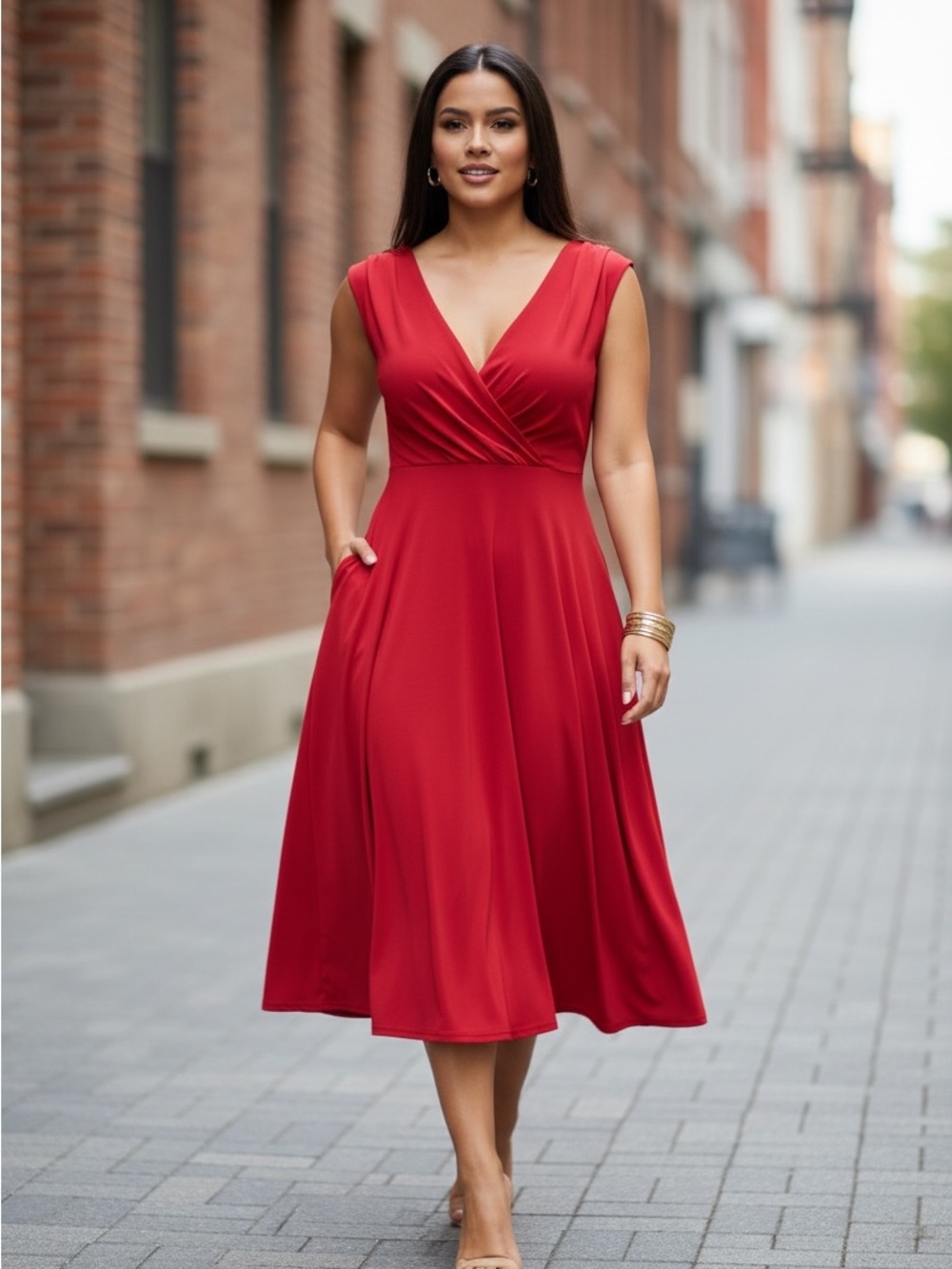 American Living Red V-Neck Midi Dress